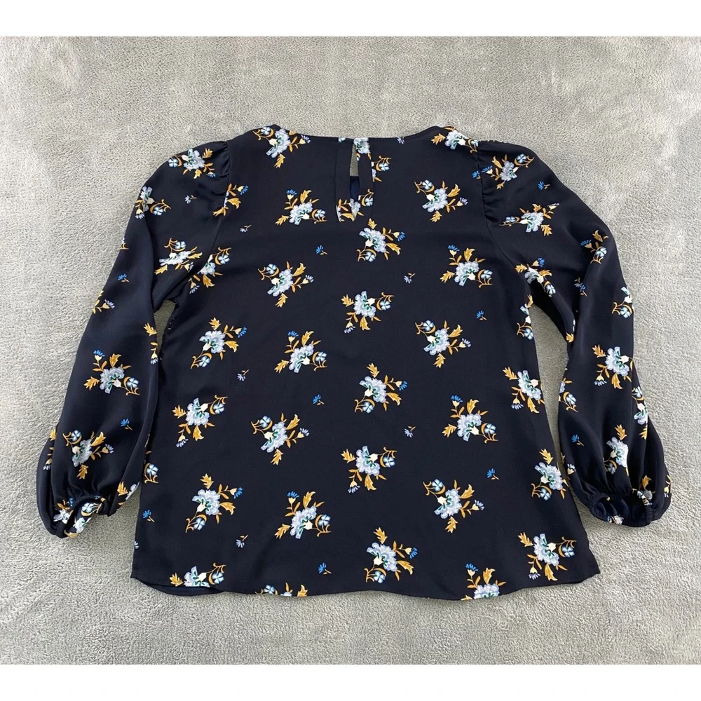 Loft Womens Navy Blue Floral Puff Sleeve Keyhole Back Blouse Top Size S